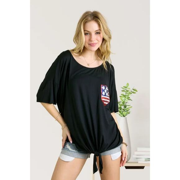 ADORA Sequin US Flag Pocket Half Sleeves Front Tie Detail Tunic Top | Black - Picture 2 of 6